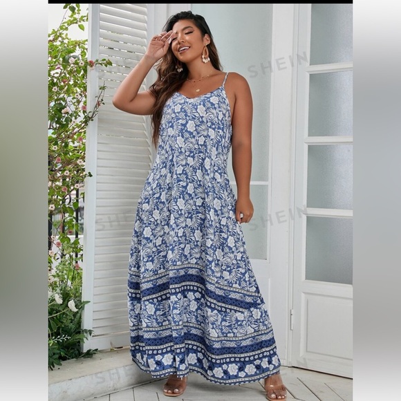 💙SHEIN NEW!! BOHO BLUE SND WHITE SPAGHETTI STRAP FLOWY MAXI SUMMER DRESS - Picture 2 of 11